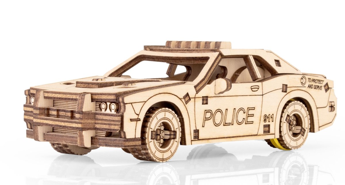 Деревянный конструктор EWA Полицейская машина с заводным механизмом