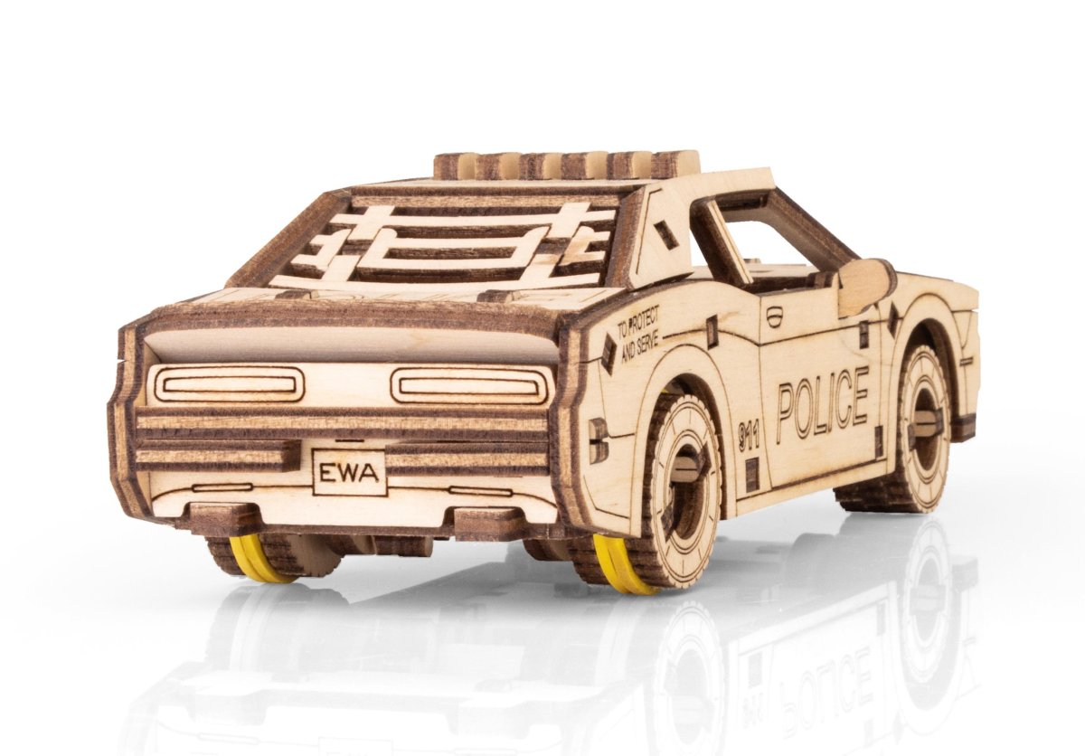 Деревянный конструктор EWA Полицейская машина с заводным механизмом