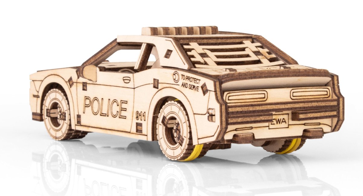 Деревянный конструктор EWA Полицейская машина с заводным механизмом