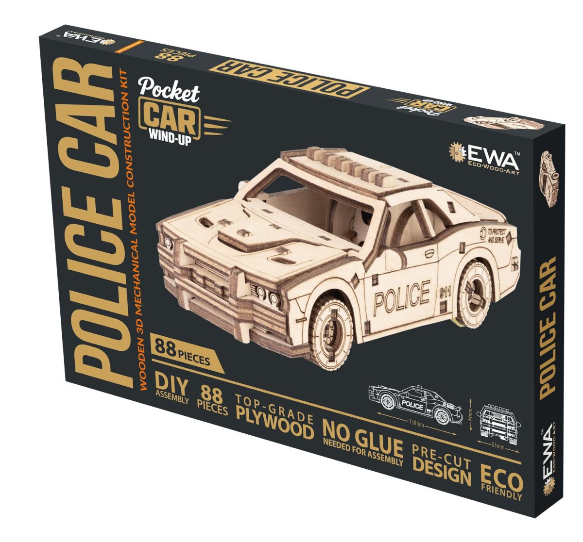 Деревянный конструктор EWA Полицейская машина с заводным механизмом