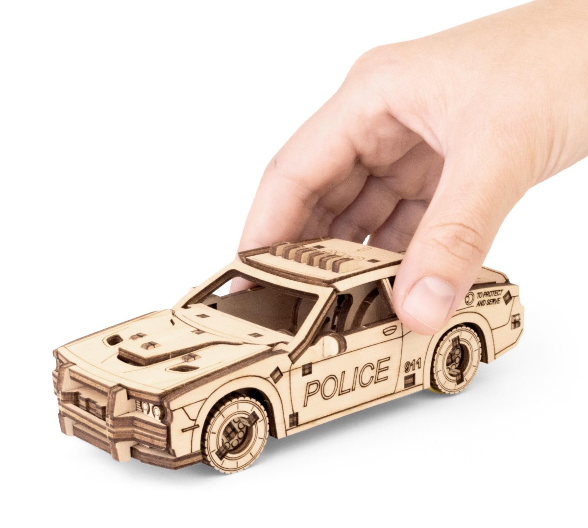 Деревянный конструктор EWA Полицейская машина с заводным механизмом