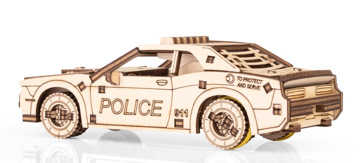 Деревянный конструктор EWA Полицейская машина с заводным механизмом