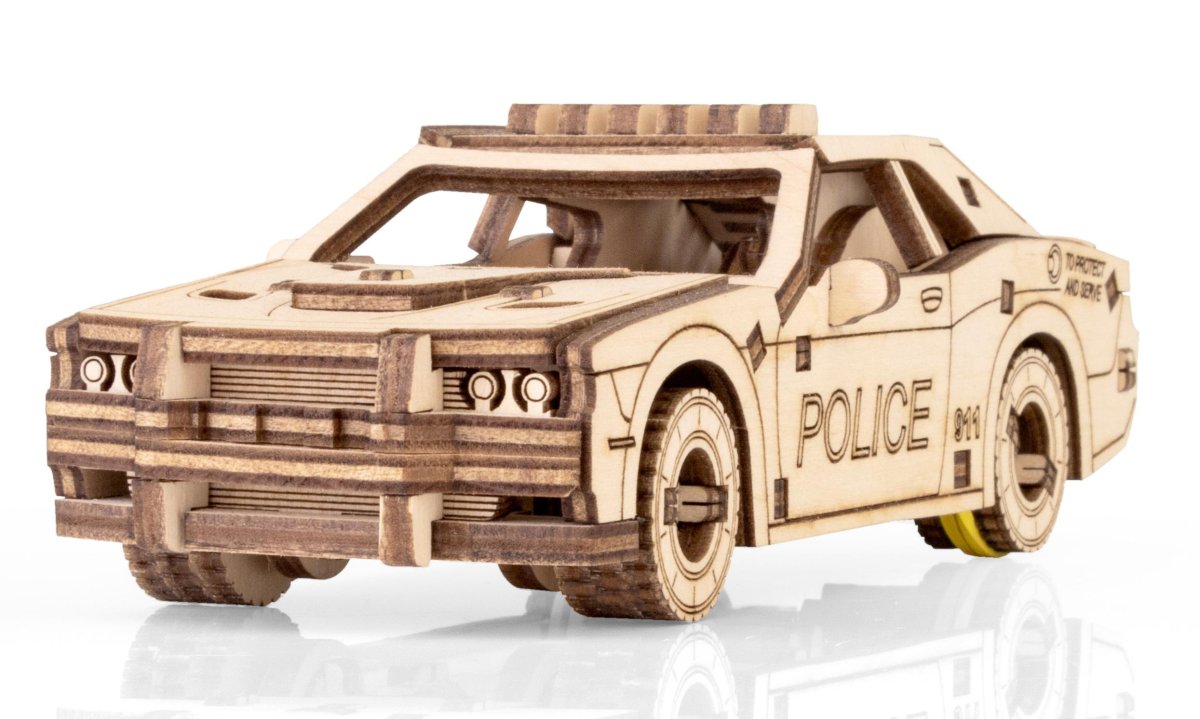 Деревянный конструктор EWA Полицейская машина с заводным механизмом