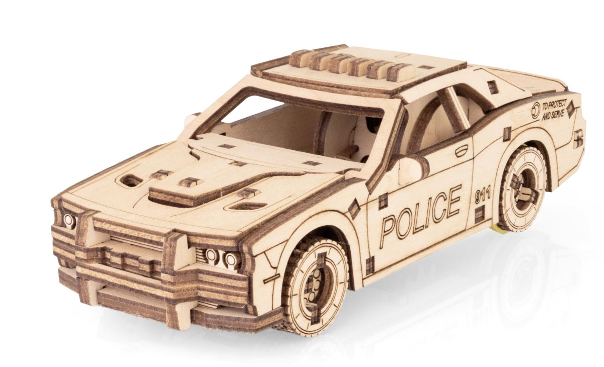 Деревянный конструктор EWA Полицейская машина с заводным механизмом