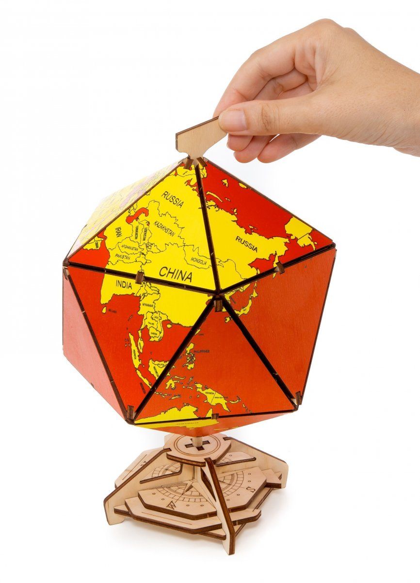 Конструктор деревянный 3D EWA Глобус Икосаэдр с секретом (шкатулка, сейф) красный