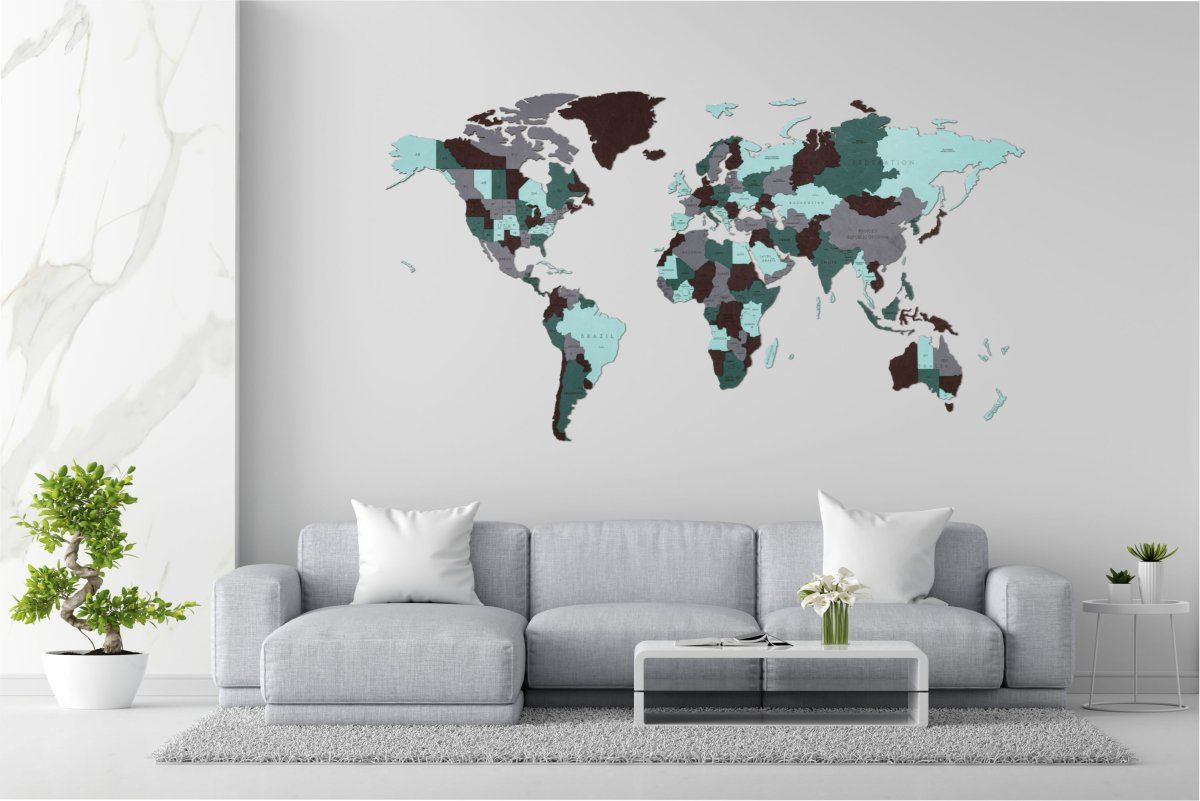 EWA Деревянная Карта Мира настенная, объемная 3 уровня, размер L (192x105 см), цвет изумуруд