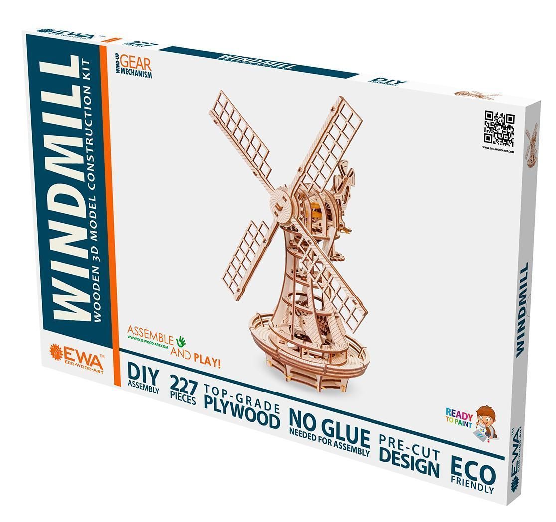 Сборная модель деревянная, конструктор 3D EWA Ветряная мельница механическая