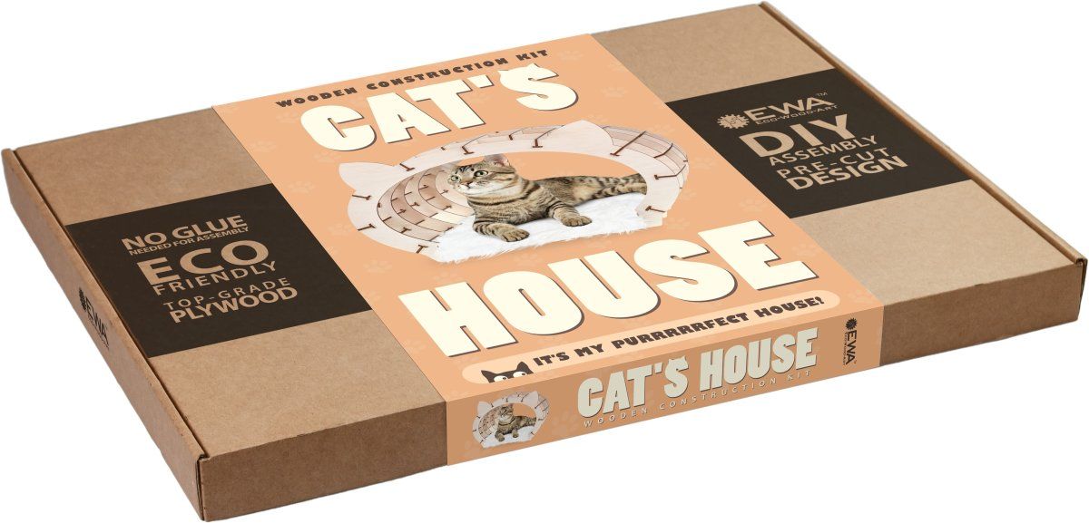 Домик для домашних животных, лежанка с мехом EWA Кошкин дом бежевый каркас-белый мех