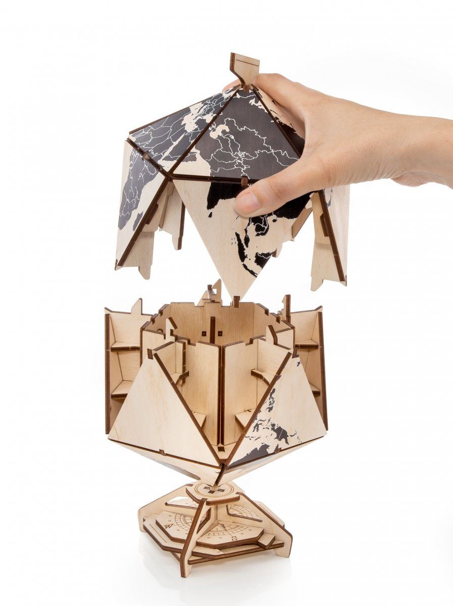 Конструктор деревянный 3D EWA Глобус Икосаэдр с секретом (шкатулка, сейф) черный