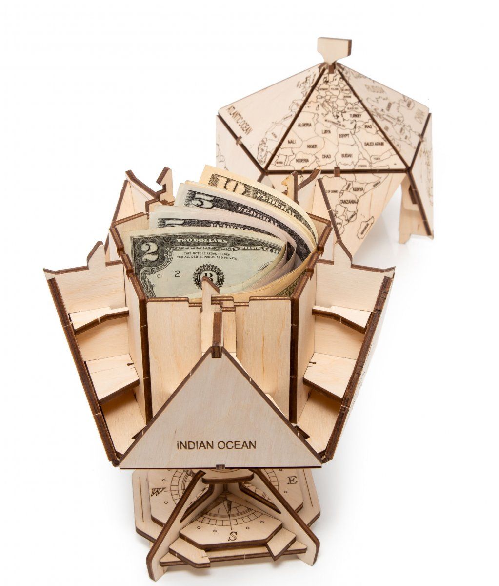 Конструктор деревянный 3D EWA Глобус Икосаэдр с секретом (шкатулка, сейф)