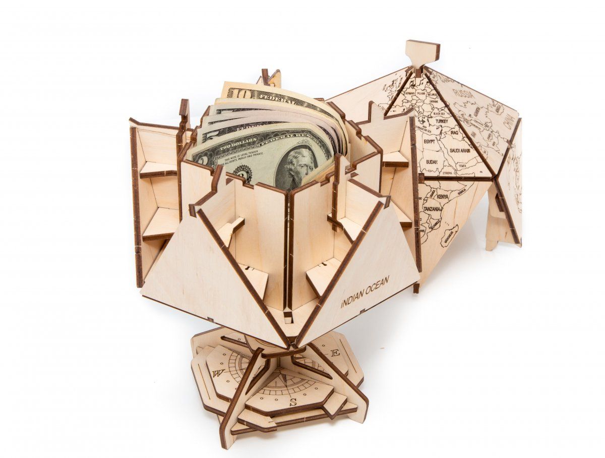 Конструктор деревянный 3D EWA Глобус Икосаэдр с секретом (шкатулка, сейф)