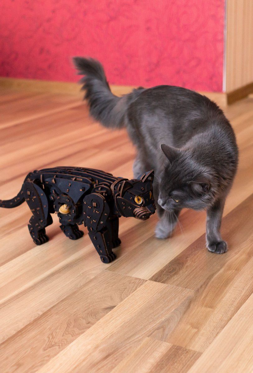 Сборная модель деревянная, конструктор 3D EWA Механический Черный Кот (Кошка)