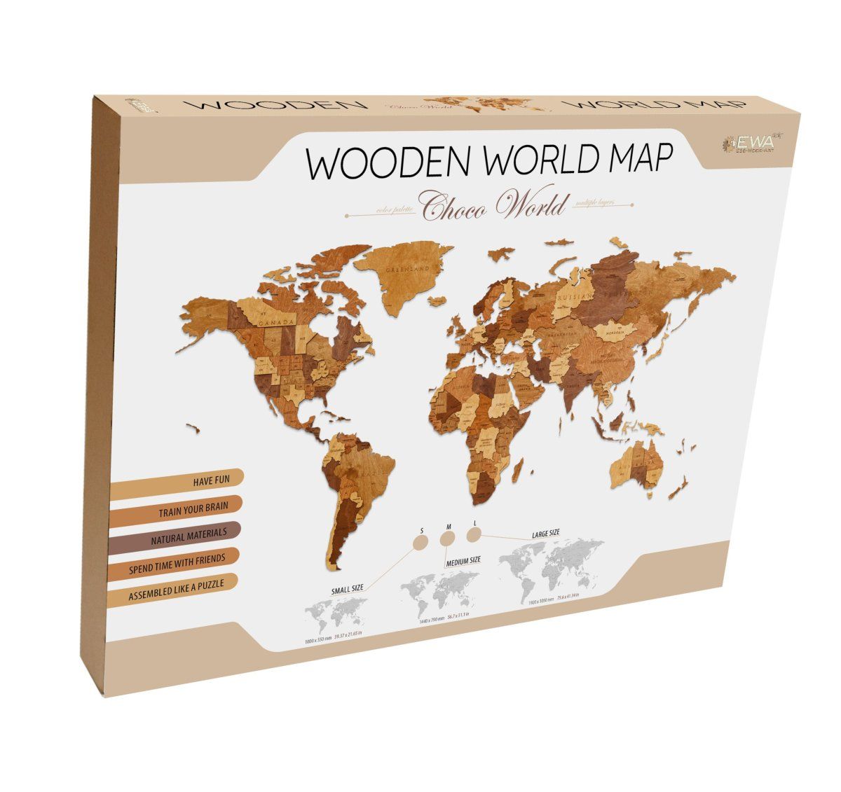 EWA Деревянная Карта Мира настенная, объемная 3 уровня, размер L (192x105 см), цвет шоколад